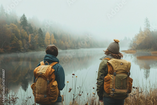 couple on the lake, Two hikers with backpacks overlooking a misty lake. Serene nature exploration photography. Peace and tranquility concept. Design for poster, banner, and nature blog.