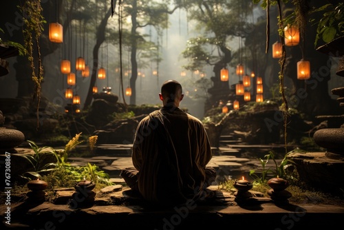 Zen practitioner meditates in serene temple., generative IA
