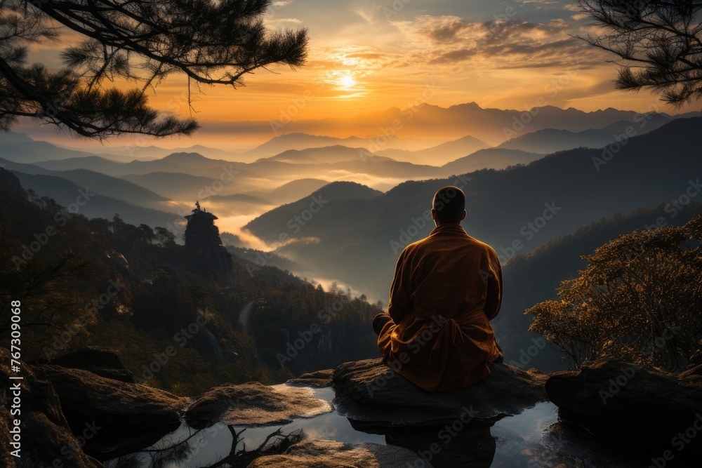 Man meditate on the mountain at dawn., generative IA - obrazy, fototapety, plakaty 