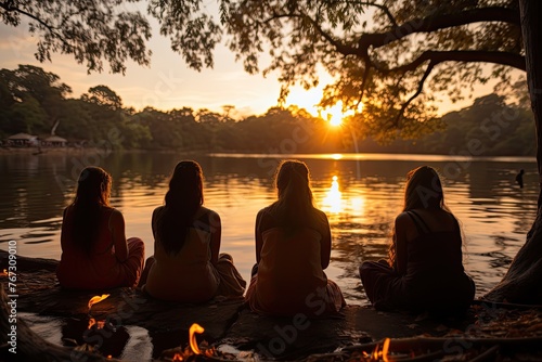 Spiritual retreat by the lake, meditation under the sunset., generative IA