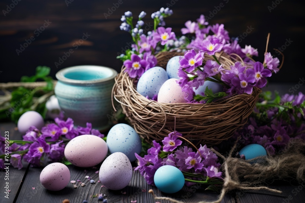 Fototapeta Happy Easter. Congratulatory easter background. Easter eggs and flowers - generative ai