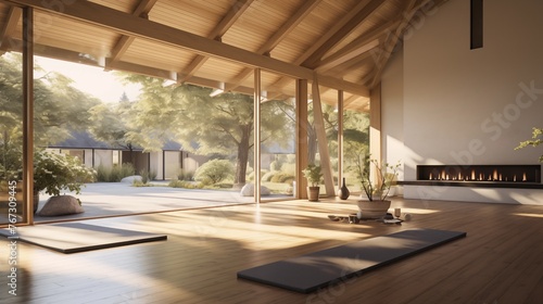 Light and airy indoor/outdoor yoga studio with vaulted wood ceilings seamless patio flow and integrated garden and water features. © Aeman