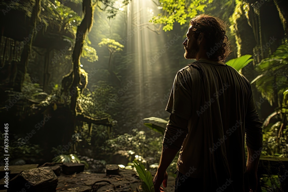 Man in yoga pose in the serene forest., generative IA