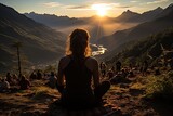 Yoga practitioners in retreat in the mountains at dawn., generative IA