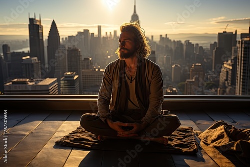 Man in yoga posture on the urban roof., generative IA