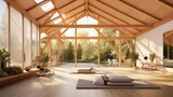 Light and airy indoor/outdoor yoga studio with vaulted wood ceilings seamless patio flow and integrated garden and water features.