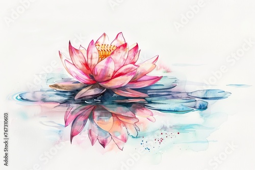 Fototapeta Naklejka Na Ścianę i Meble -  Beautiful watercolor painting of lotus flowers and leaves in a pond, in an influential and harmonious style of colors. A symbol of fertility.