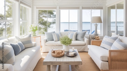 Light and airy seaside bungalow with shiplap walls and beachy accents. © Aeman