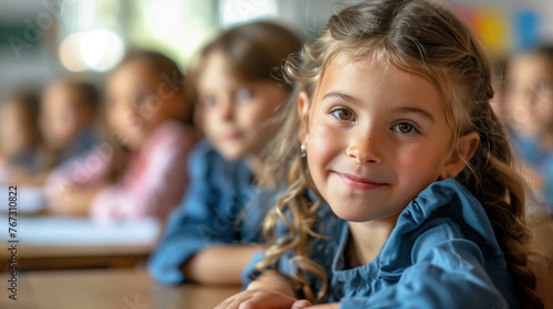 Smiling girl in classroom with peers.