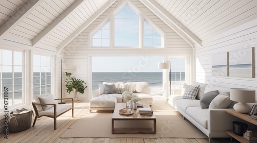 Light and bright beach cottage with vaulted wood ceilings white shiplap walls and ocean views.
