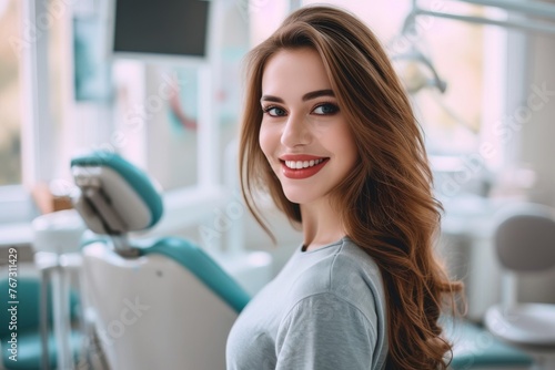 Dental Clinic: Radiant Woman in Chair Receiving Expert Care