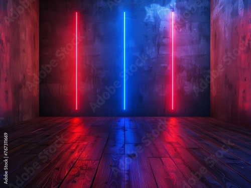 A dark room illuminated by two red and blue lights, casting contrasting hues on the surroundings