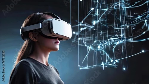 Woman wearing headset explores complex 3D digital structures in futuristic setting. Future technologies of augmented reality in modern life. photo