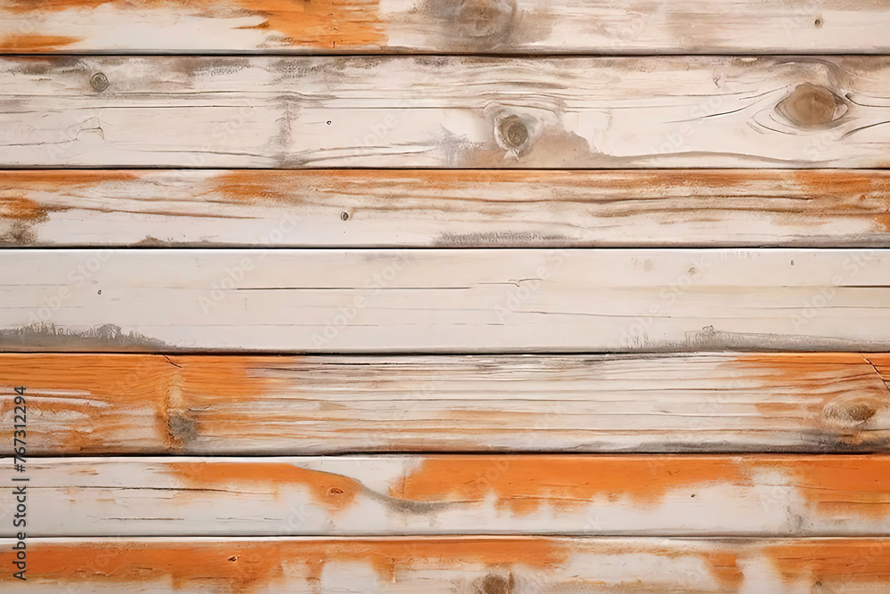 Naklejka premium White and orange and brown old used weathered wood wall wooden plank board texture background with grains and structures