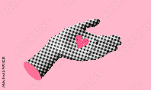 Heart in hand. Retro halftone hand with a drawing of a heart. World heart day. Modern collage. Healthcare medical concept. Healthy lifestyle. Concept of hope and goodness. Valentines day banner