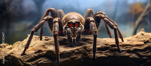 A jawed arthropod, the large spider, is perched on a rock in a terrestrial environment. Surrounding it are terrestrial plants, soil, and wood, creating a symmetry in the wildlife scene