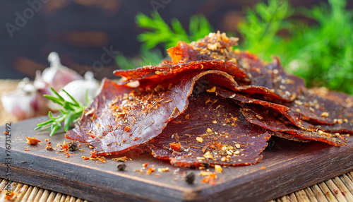 Close-up of smoked beef jerky with herbs. Tasty food. Delicious snack. photo