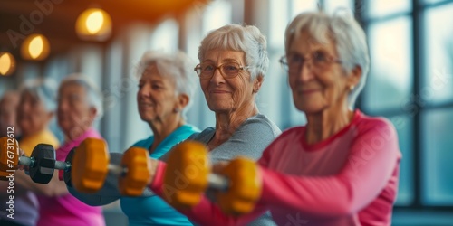 Elderly People Engaged in Fitness Activities at Gym: A Joyful Scene photo