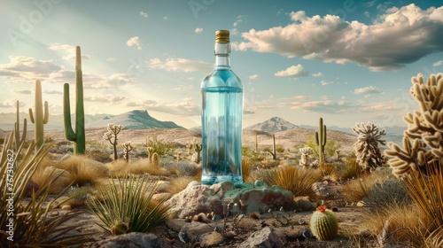 A bottle of water is placed in the middle of a dry desert landscape, surrounded by sand and desert plants photo