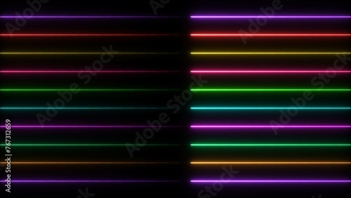Abstract neon light glowing laser colorful line illustration. Black background 4k illustration.