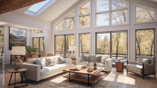 Light-filled great room with soaring vaulted ceilings and ample windows overlooking nature.
