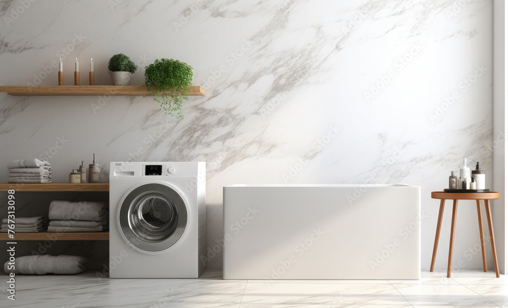 Modern design of a bright bathroom: bathtub, washing machine, wooden shelves with towels, candles, indoor flower Modern design of a bright bathroom: bathtub, washing machine, wooden shelves with towels, candles, indoor flower