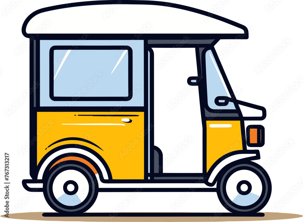 Vector Drawing of Rikshaw Passing Through Lively Marketplace Scene