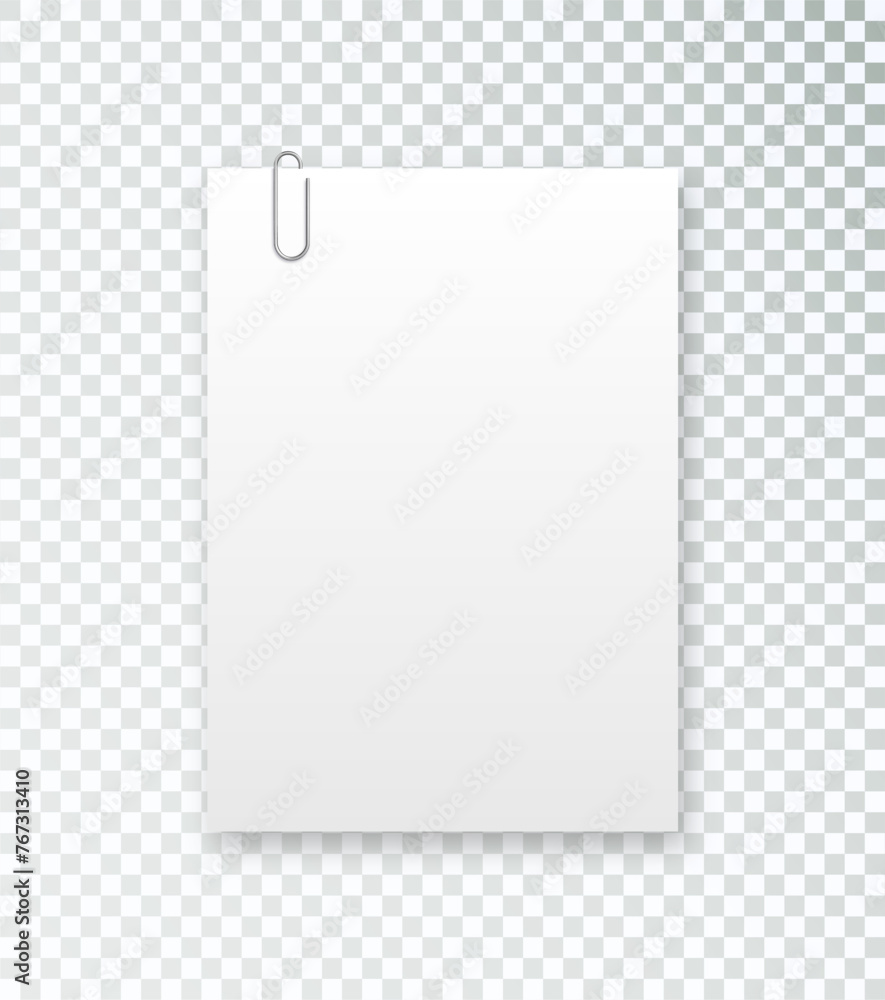 Blank paper sheet in A4 format on transparent background. Notebook page, document with steel paper clip. Vector realistic Blank paper sheet in A4 format on transparent background. Notebook page, document with steel paper clip. Vector realistic