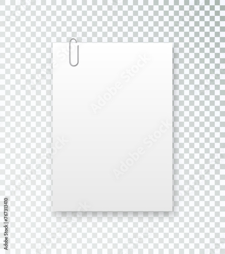 Blank paper sheet in A4 format on transparent background. Notebook page, document with steel paper clip. Vector realistic