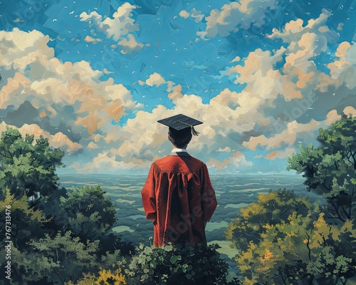 Under the weight of an academic cap, a young man contemplates the next chapter of his educational odyssey