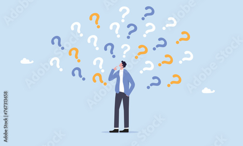 Ask questions, FAQ, problem or curiosity, doubt and confusion to be answer, challenge and uncertainty, unknown information or solution concept, contemplation businessman thinking with question marks.