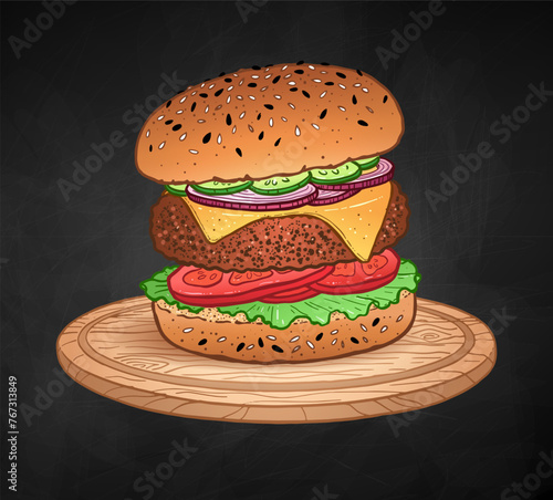 Vector color illustration of burger fast food meal with cutlet and cheese on wooden round cutting board on chalkboard background