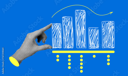 Data analytics concept. Halftone hand checking sales graph. Modern collage design. Pop art. Falling sales chart. Business efficiency. Financial success. Business data graph.