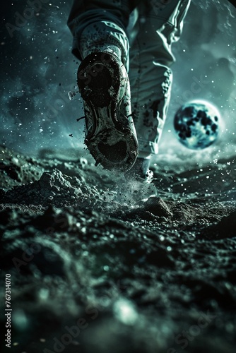 Embark on a celestial adventure with a closeup encounter of a football players foot, its focus unwavering as it prepares to kick the ball towards the moon