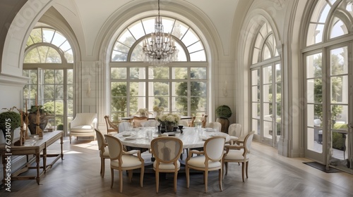 Light-filled oval chateau breakfast room with custom arched windows inlaid herringbone floors plaster barrel vaulted ceiling and chandelier above.