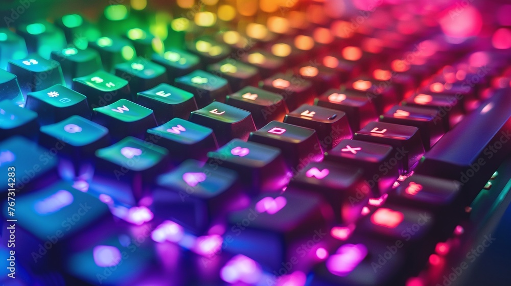 close-up view of a neon computer keyboard with colorful backlighting, emphasizing video games, hacking, and technology in a high-tech environment close-up view of a neon computer keyboard with colorful backlighting, emphasizing video games, hacking, and technology in a high-tech environment