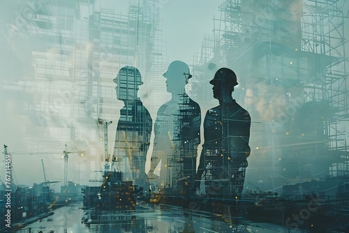 Double exposure of building engineers and construction workers using modern civil equipment creating a digital construction design. Concept Double Exposure, Building Engineers, Construction Workers © Anastasiia