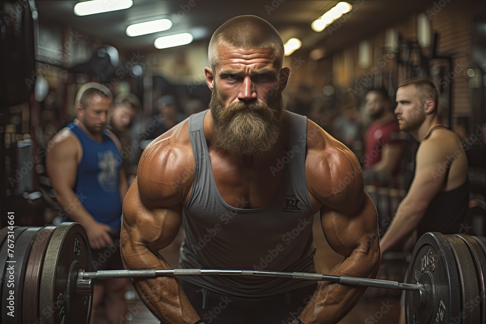 Bodybuilder in action at the gym., generative IA Bodybuilder in action at the gym., generative IA