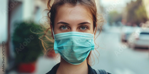 Photo of a young woman on the street wearing a medical mask because she has allergies. With copy space on the left.
