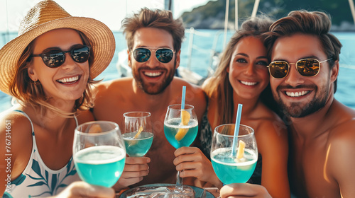 Happy friends having fun And drinking blue Lagoon cocktails at summer party on yacht