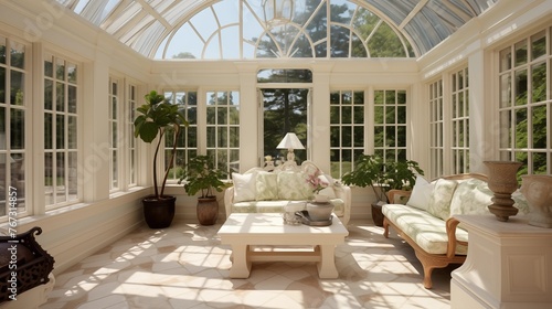 Light-filled sunroom solarium with vaulted glass ceilings seamless indoor/outdoor flow and stone floors.