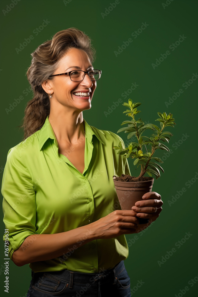 A cheerful woman in a vibrant green shirt and glasses smiles while holding a small potted houseplant, highlighting a joyful indoor gardening hobby.
A cheerful woman in a vibrant green shirt and glasses smiles while holding a small potted houseplant, highlighting a joyful indoor gardening hobby.
