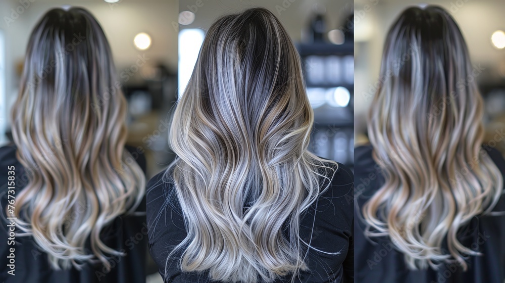 woman's hairstyle transformed with vibrant highlights and professional dyeing in a hair salon by an expert hairstylist, resulting in a glossy and radiant look woman's hairstyle transformed with vibrant highlights and professional dyeing in a hair salon by an expert hairstylist, resulting in a glossy and radiant look