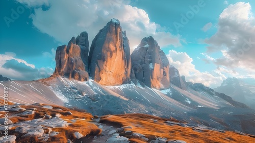 Mountains and beautiful sky with colorful clouds at sunset. Summer landscape with mountain peaks, stones, grass, trails, violet sky with pink clouds. High rocks. Tre Cime in Dolomites, Ai generated 