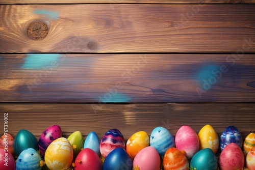 Colorful Easter egg double border against a yellow wood background - generative ai