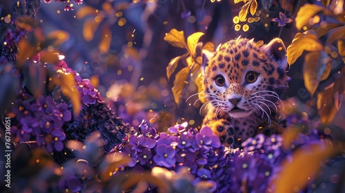 A richly textured 3D scene depicting a stylized forest with cute cartoon-like leopard characters among stylized purple and yellow vegetation