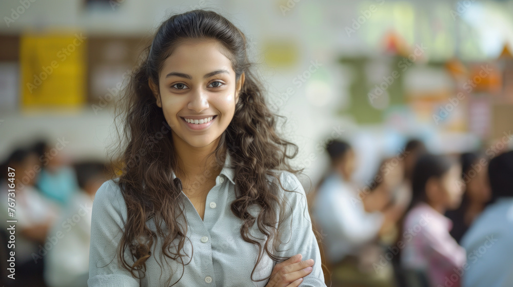 Confident young teacher smiling in a classroom setting Confident young teacher smiling in a classroom setting