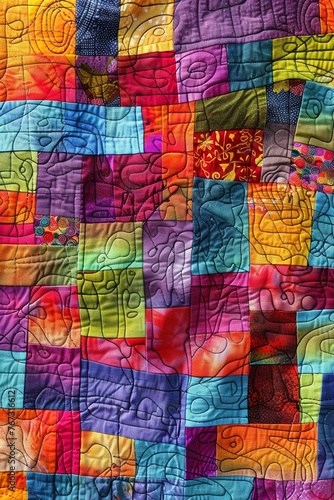 Colorful quilt pattern handcrafted look with diverse fabric textures in a patchwork arrangement.