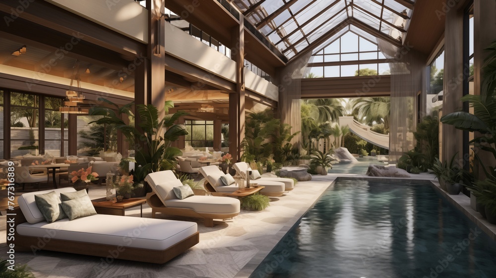 Luxe resort-style indoor/outdoor pool pavilion with fully retractable glass walls soaring ceilings waterfall features and lush landscaping. Luxe resort-style indoor/outdoor pool pavilion with fully retractable glass walls soaring ceilings waterfall features and lush landscaping.