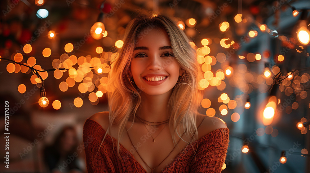 Portrait of a smiling woman with twinkling fairy lights in the background, creating a warm, festive atmosphere. Portrait of a smiling woman with twinkling fairy lights in the background, creating a warm, festive atmosphere.